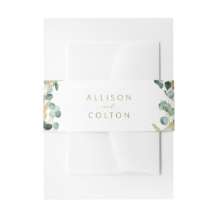 Rustic eucalyptus gold greenery boho wedding  invitation belly band