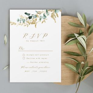 Rustic eucalyptus gold greenery boho wedding RSVP Card
