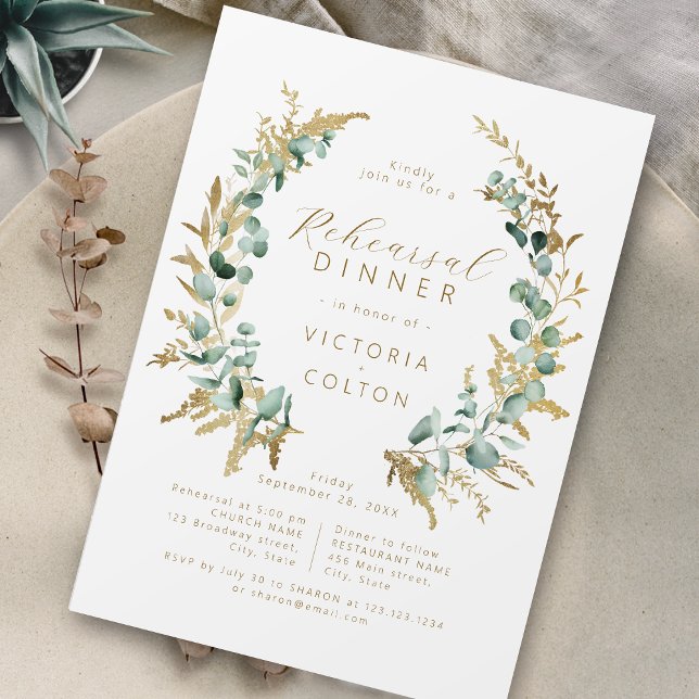 Rustic eucalyptus gold greenery Rehearsal Dinner Invitation (Rustic eucalyptus gold greenery Rehearsal Dinner Invitation)