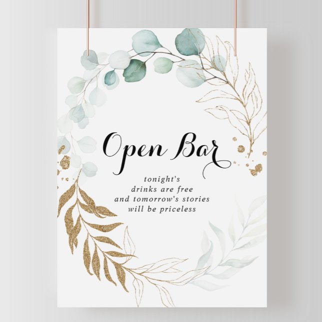 Rustic Eucalyptus Gold Wedding Open Bar Sign (Creator Uploaded)