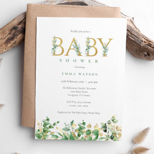 Rustic Eucalyptus Golden Letters Baby Shower Invitation