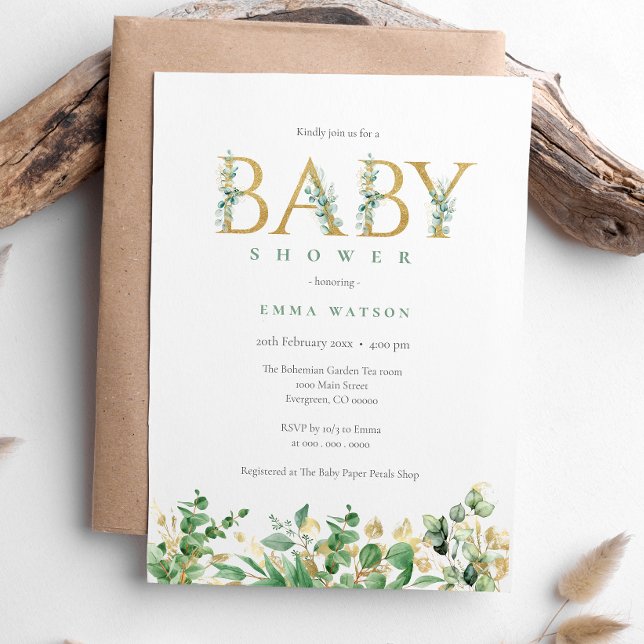 Rustic Eucalyptus Golden Letters Baby Shower Invitation (Creator Uploaded)