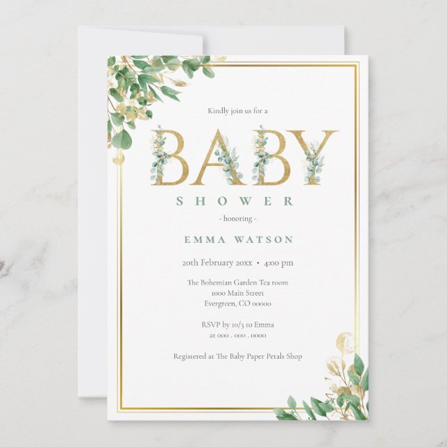 Rustic Eucalyptus Golden Letters frame Baby Shower Invitation (Front)