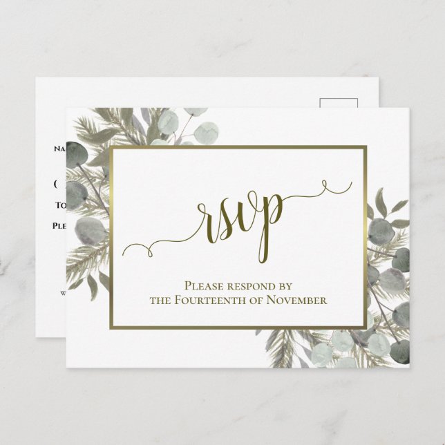 Rustic Eucalyptus & Golden Pine Wedding RSVP Postcard (Front/Back)