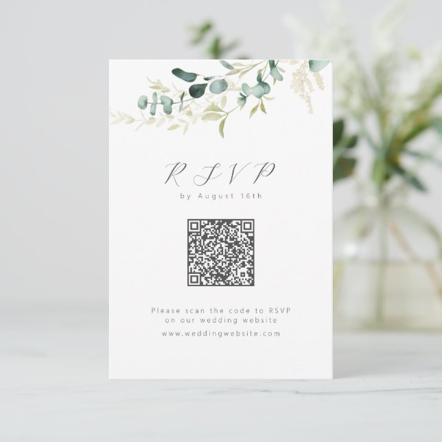Rustic eucalyptus greenery boho QR code wedding RSVP Card (Standing Front)