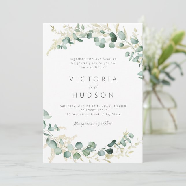 Rustic eucalyptus greenery boho wedding invitation (Standing Front)