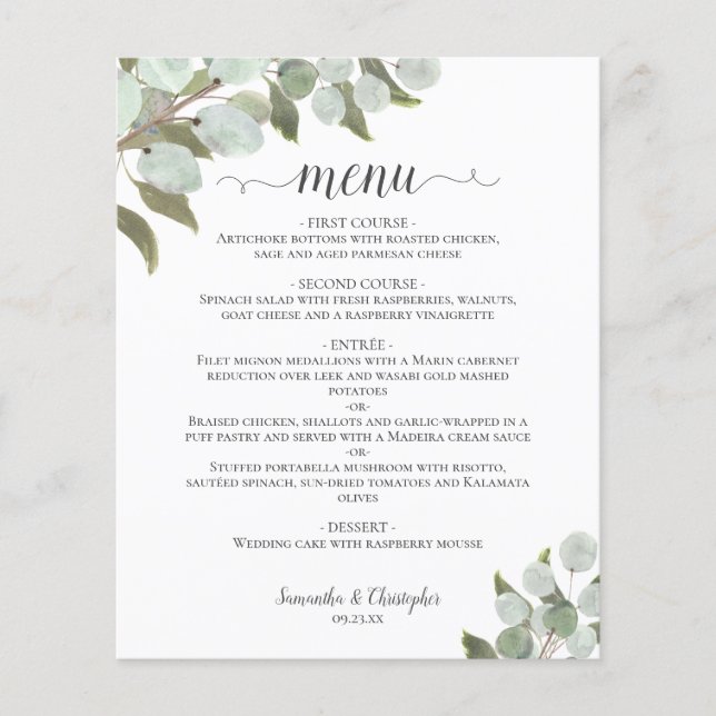 Rustic Eucalyptus & Greenery Budget Wedding Menu (Front)