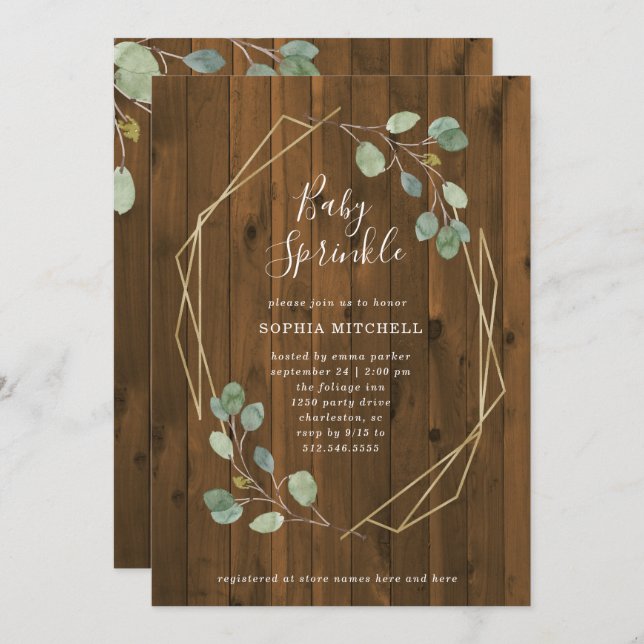 Rustic Eucalyptus Greenery Geometric Baby Sprinkle Invitation (Front/Back)