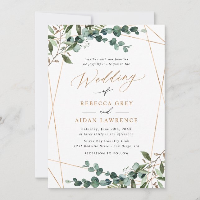 Rustic Eucalyptus Greenery Gold All-in-One Wedding Invitation (Front)