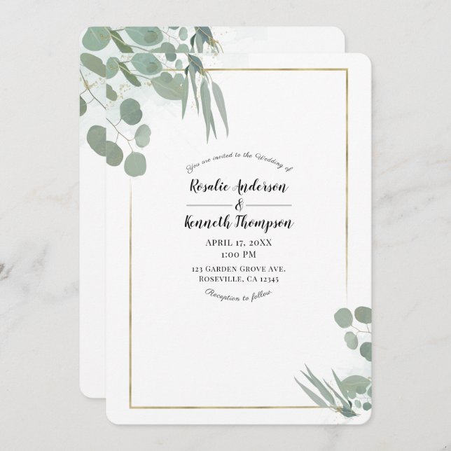 Rustic Eucalyptus Greenery & Gold Wedding Invitation (Front/Back)
