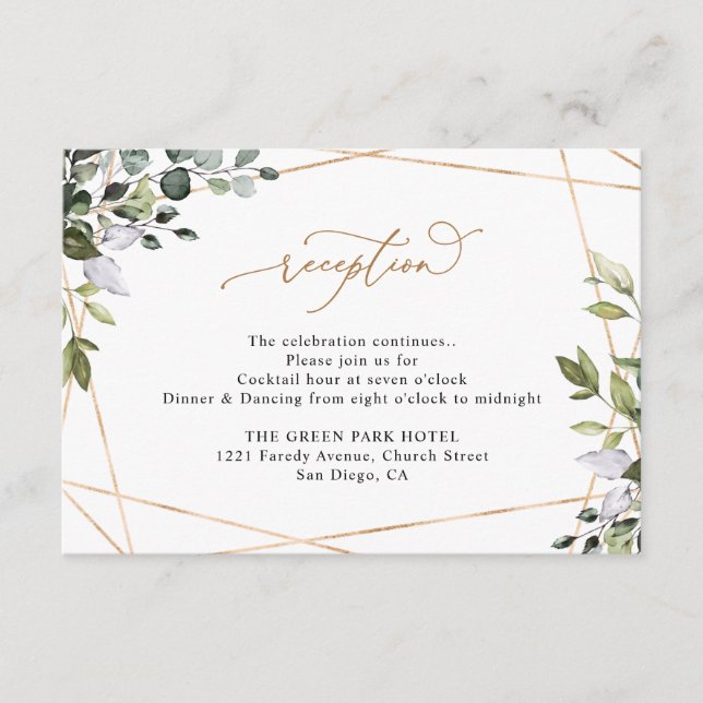 Rustic Eucalyptus Greenery Gold Wedding Reception Enclosure Card (Front)
