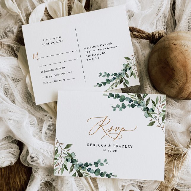 Rustic Eucalyptus Greenery Gold Wedding RSVP Postcard (Creator Uploaded)