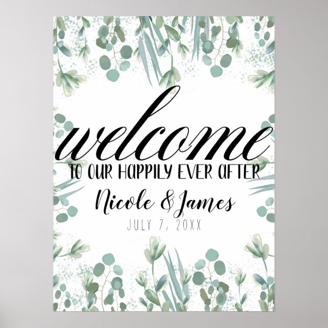 Rustic Eucalyptus Greenery Leaves Wedding Welcome Poster (Front)
