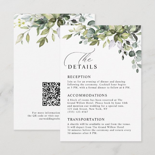 Rustic Eucalyptus Greenery QR Code Wedding Details Enclosure Card (Front/Back)