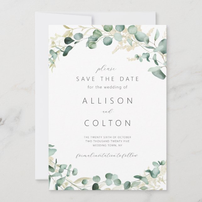 Rustic eucalyptus greenery sage green boho save the date (Front)
