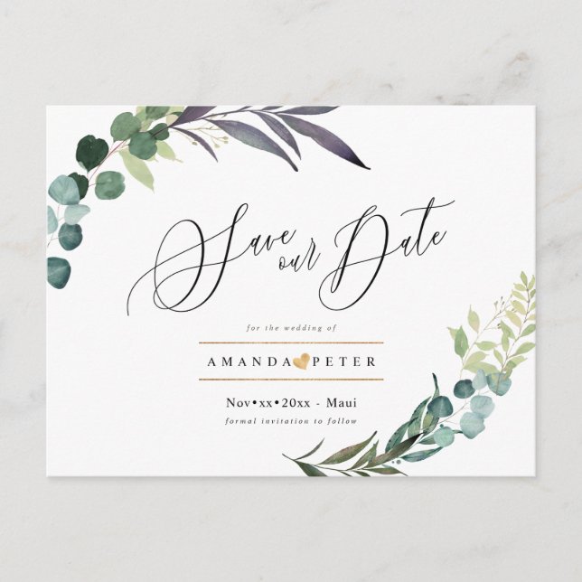 Rustic Eucalyptus, Greenery Save the Date Postcard (Front)
