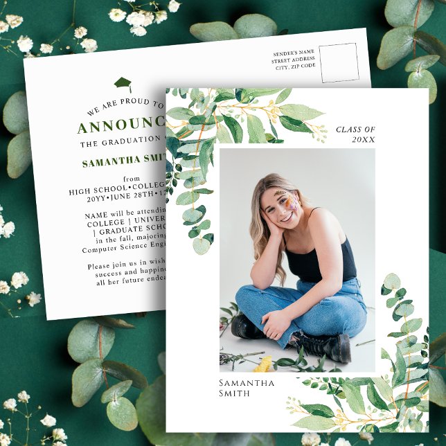 Rustic Eucalyptus Greenery Simple Photo Graduation Announcement Postcard (Creator Uploaded)