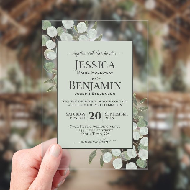 Rustic Eucalyptus & Greenery Stylish Text Wedding Acrylic Invitations (Clear Acrylic with Rectangle Cut)