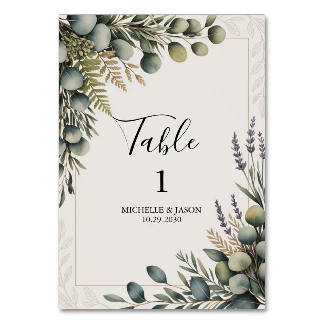 Rustic Eucalyptus Greenery Wedding Table Number    (Front)