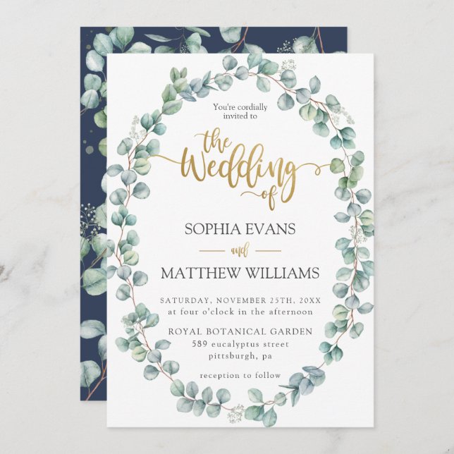 Rustic Eucalyptus Greenery Wreath Gold Wedding Invitation (Front/Back)