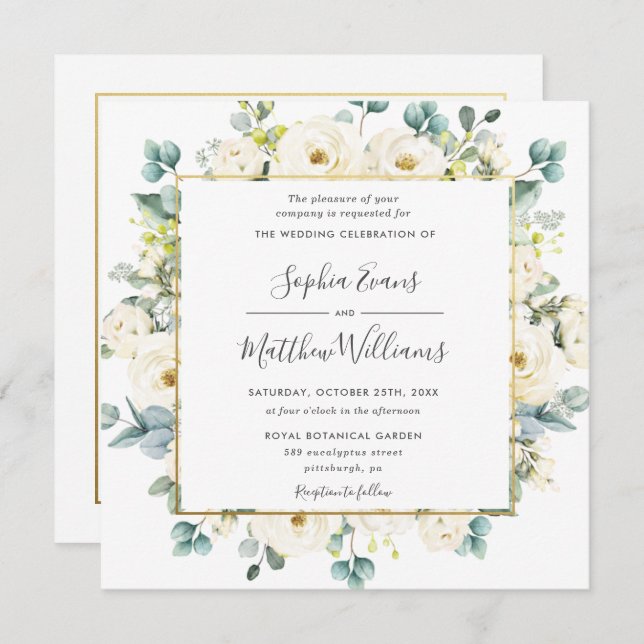Rustic Eucalyptus Ivory White Floral Wedding Invitation (Front/Back)