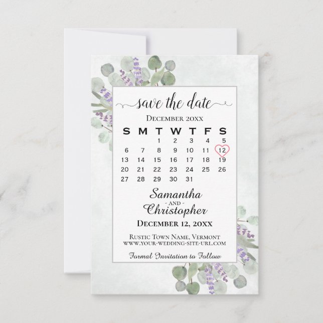 Rustic Eucalyptus Lavender Calendar White Wedding Save The Date (Front)