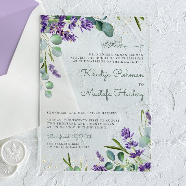 Rustic Eucalyptus Lavender Floral Islamic Wedding Acrylic Invitations (Creator Uploaded)