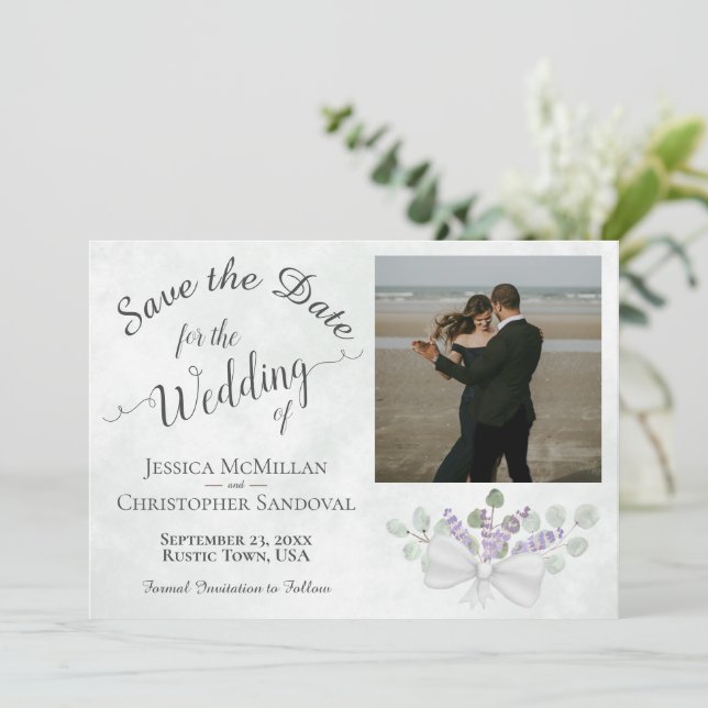 Rustic Eucalyptus & Lavender with Photo Wedding Save The Date (Standing Front)