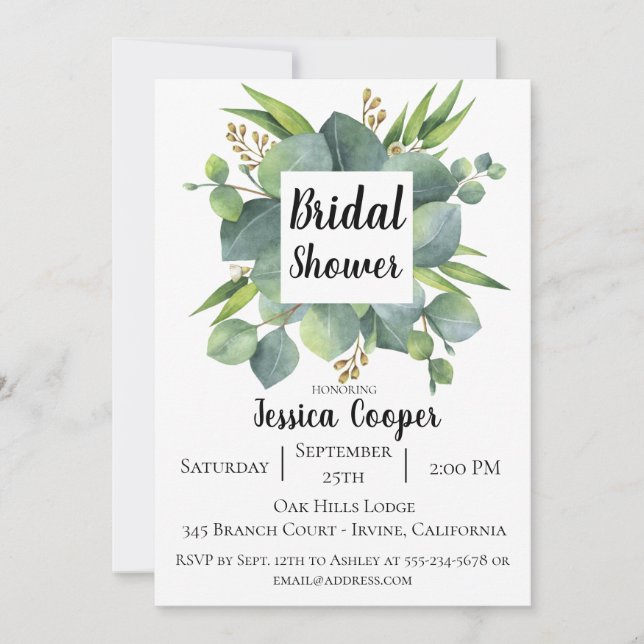 Rustic Eucalyptus Leaf Bridal Shower Invitation (Front)