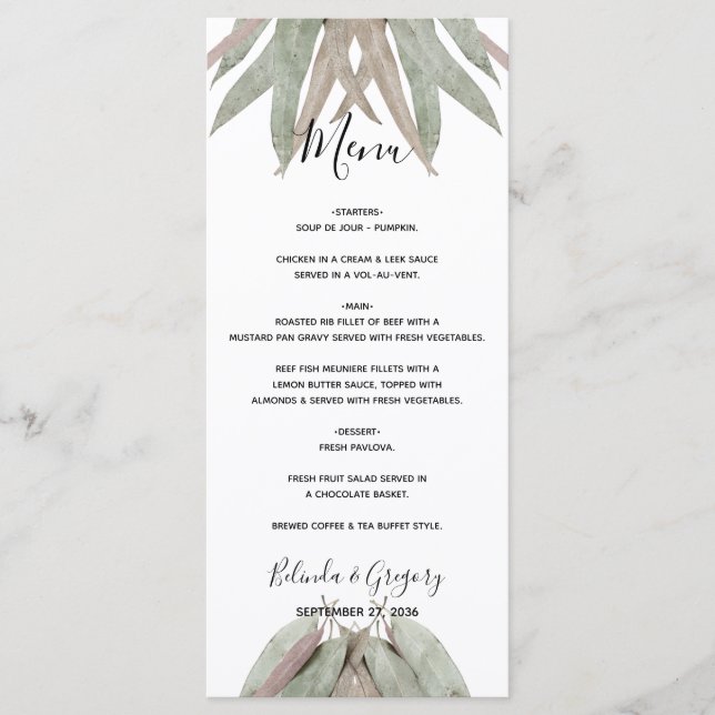 Rustic Eucalyptus Leaf Wedding Menu (Front)