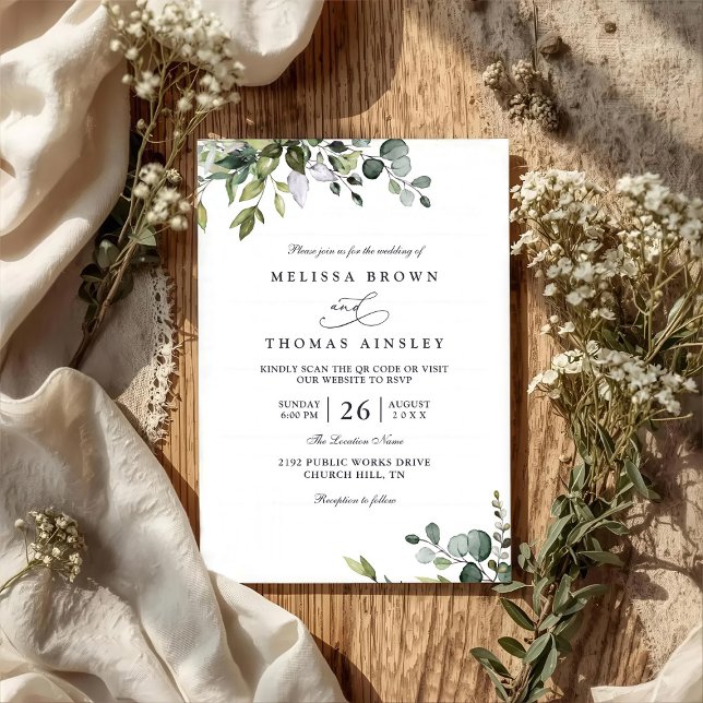 Rustic Eucalyptus Leaves Greenery QR Code Wedding Invitation (Creator Uploaded)