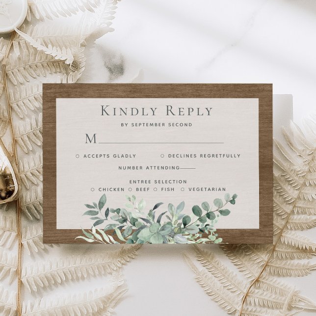 Rustic Eucalyptus Leaves Greenery Wood Wedding RSVP Card (Creator Uploaded)