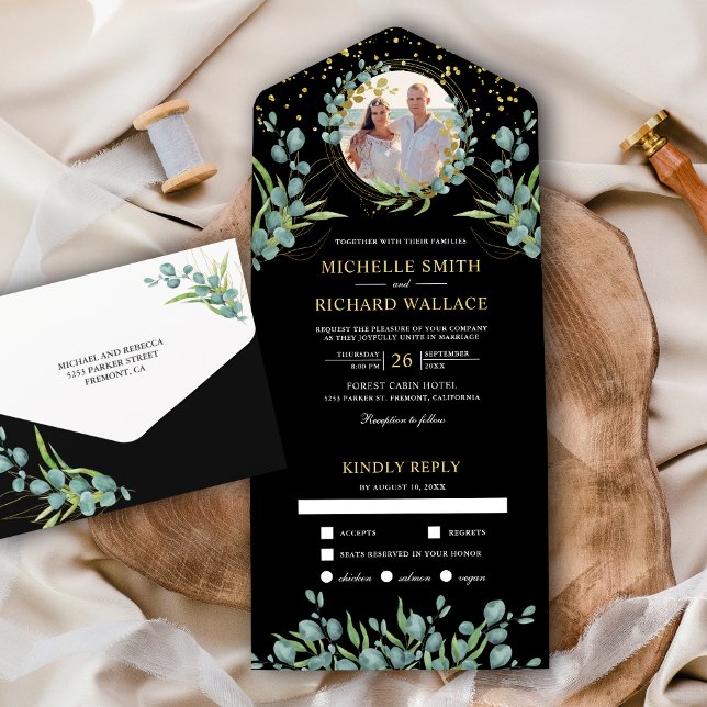 Rustic Eucalyptus Leaves Photo Black Wedding All In One Invitation (Creator Uploaded)