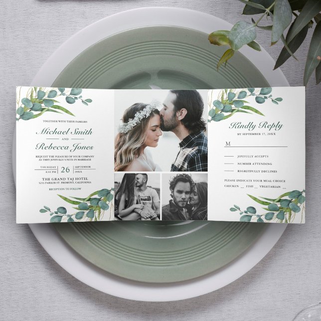 Rustic Eucalyptus Leaves Photo Collage Wedding Tri-Fold Invitation (Creator Uploaded)