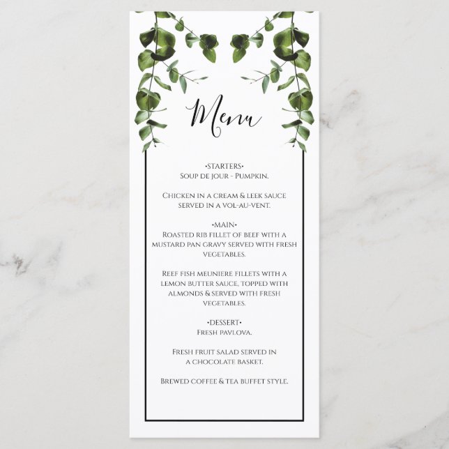 Rustic  Eucalyptus Leaves Wedding  Menu (Front)
