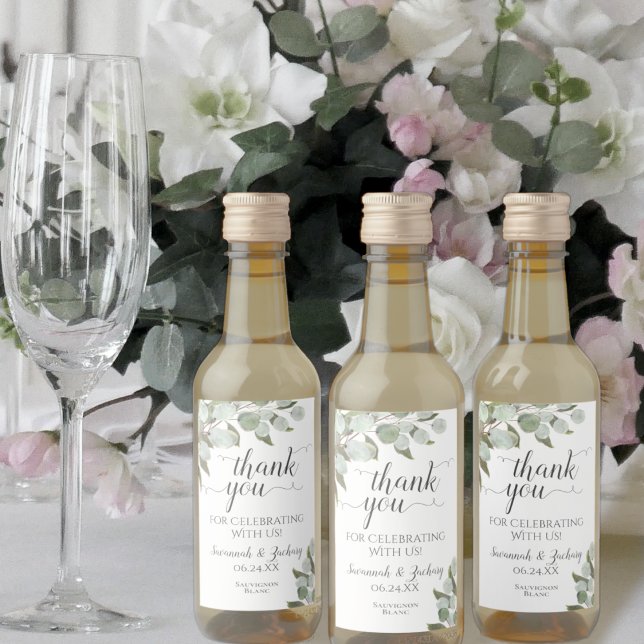 Rustic Eucalyptus Leaves Wedding Thank You Mini Wine Label (Creator Uploaded)
