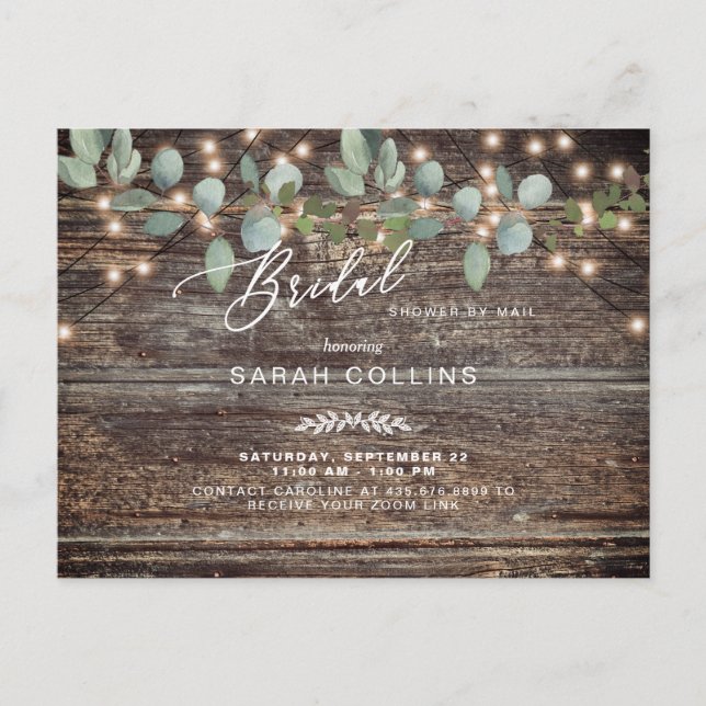 Rustic Eucalyptus & Lights Bridal Shower by Mail Invitation Postcard (Front)