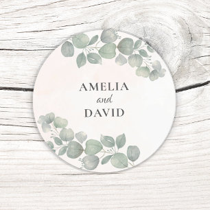 Rustic eucalyptus Monogram Wedding Classic Round Sticker