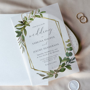 Rustic Eucalyptus Olive Gold Frame Wedding Vellum Invitations