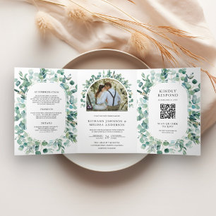 Rustic Eucalyptus Photo All in One QR Code Wedding Tri-Fold Invitation