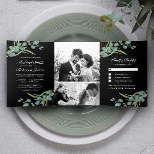 Rustic Eucalyptus Photo Collage Black Wedding Tri-Fold Invitation