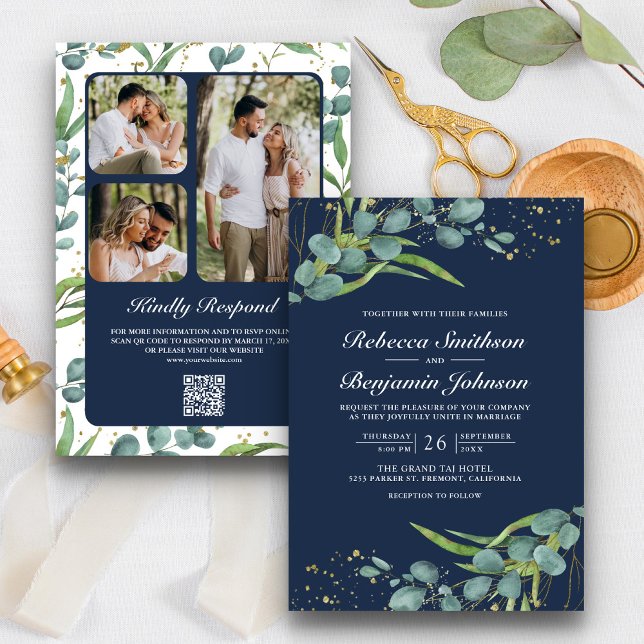 Rustic Eucalyptus Photo QR Code Navy Blue Wedding Invitation (Creator Uploaded)