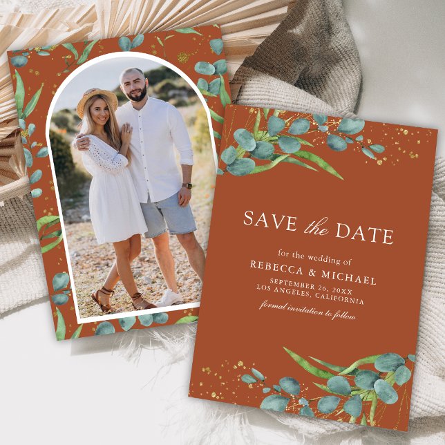 Rustic Eucalyptus Photo Terracotta Wedding Save The Date (Creator Uploaded)