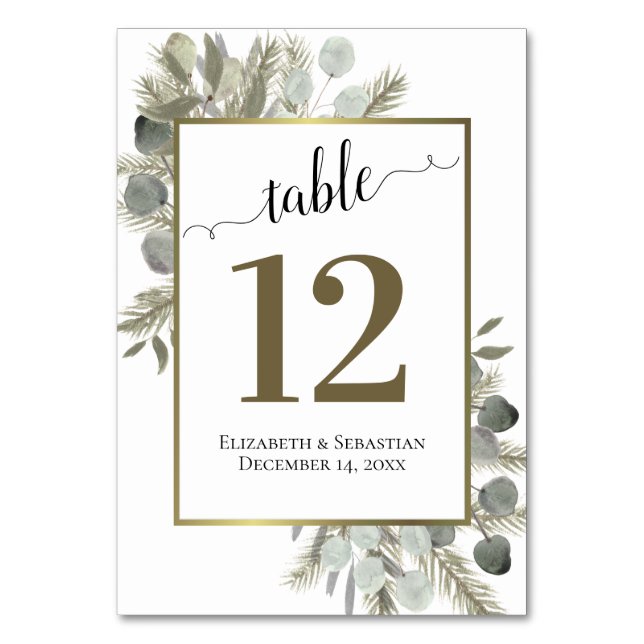 Rustic Eucalyptus & Pine Elegant Boho Wedding Table Number (Front)