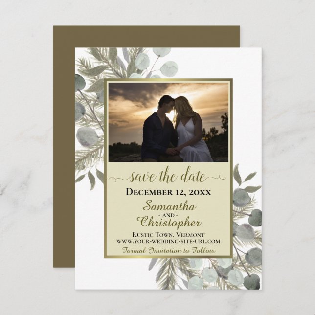 Rustic Eucalyptus & Pine w/ Photo Gold Wedding Save The Date (Front/Back)