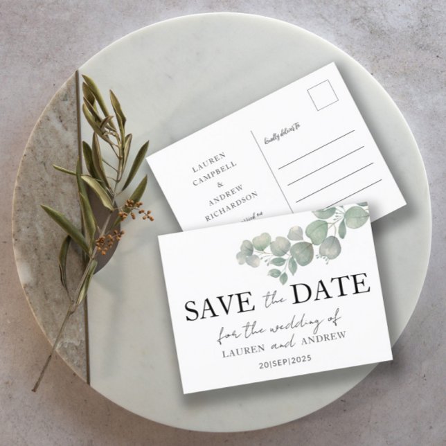 Rustic Eucalyptus Sage Green Save the Date  Postcard (Creator Uploaded)