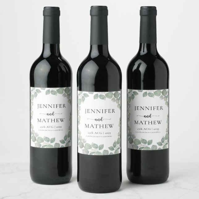 Rustic Eucalyptus Sage Green Wedding Wine Label (Bottles)