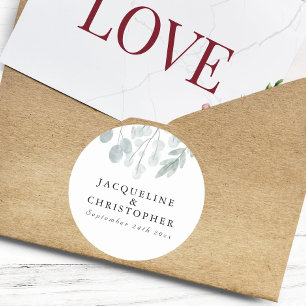 Rustic Eucalyptus Simple Floral Watercolor Wedding Classic Round Sticker