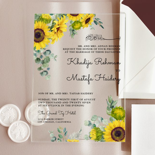 Rustic Eucalyptus Sunflower Islamic Muslim Wedding Acrylic Invitations (Creator Uploaded)