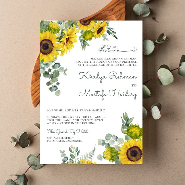 Rustic Eucalyptus Sunflower Islamic Muslim Wedding Invitation (Creator Uploaded)